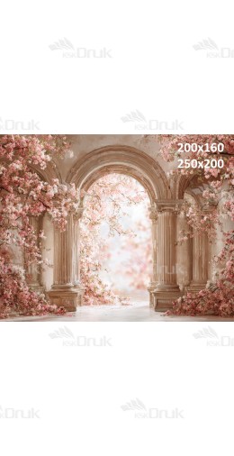 Tło fotograficzne z pałacowymi kolumnami i różowymi kwitnącymi gałęziami | E555